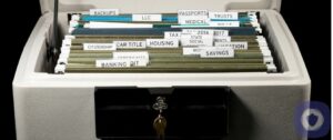 Documents in a fireproof safe box