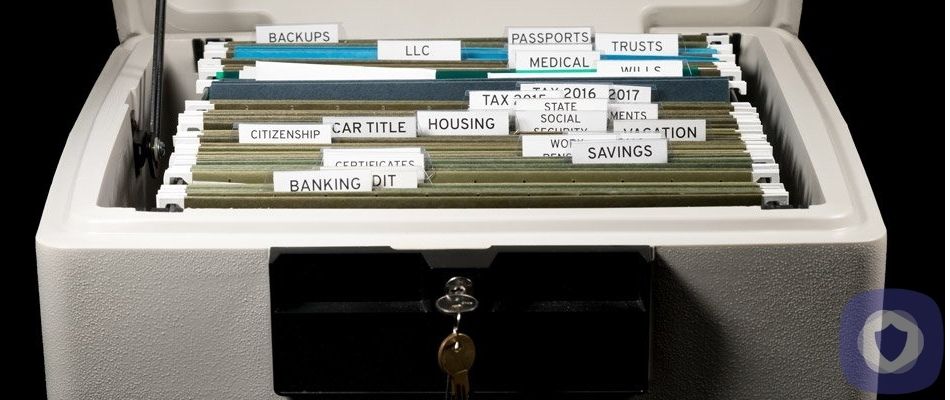 Documents in a fireproof safe box